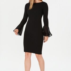 Calvin Klein Black Chiffon Bell Sleeve Sheath Dress Size 0P NWT